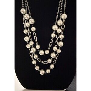 Multi-Strand Silver Tone Chain Necklace Large Faux Pearls - Layered Statement